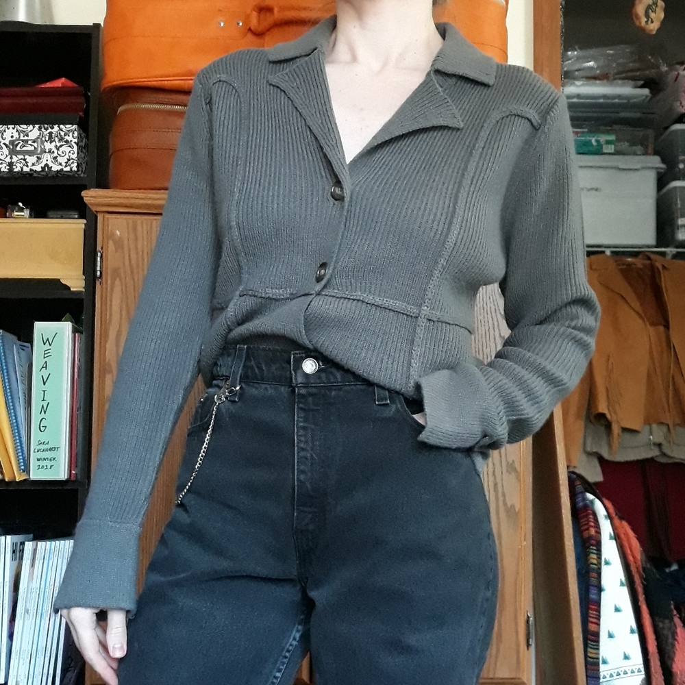 Y2K Pinkish Ribbed Knit Cardigan Gray Size L